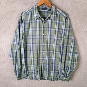 Vintage Route 66 Shirt Mens 2X Green Blue Plaid Long Sleeve Button Down Cotton
